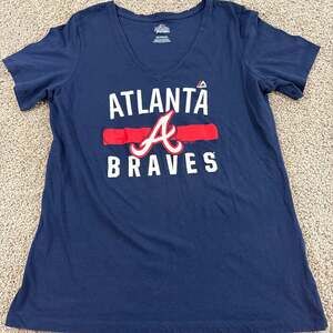 Atlanta‎ Braves Majestic Womens XXL V Neck Shirt MLB Baseball Navy Tee EUC
